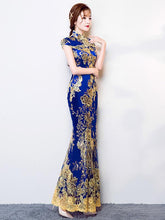 Blue Lace Embroidered Mermaid Cheongsam Evening Dress